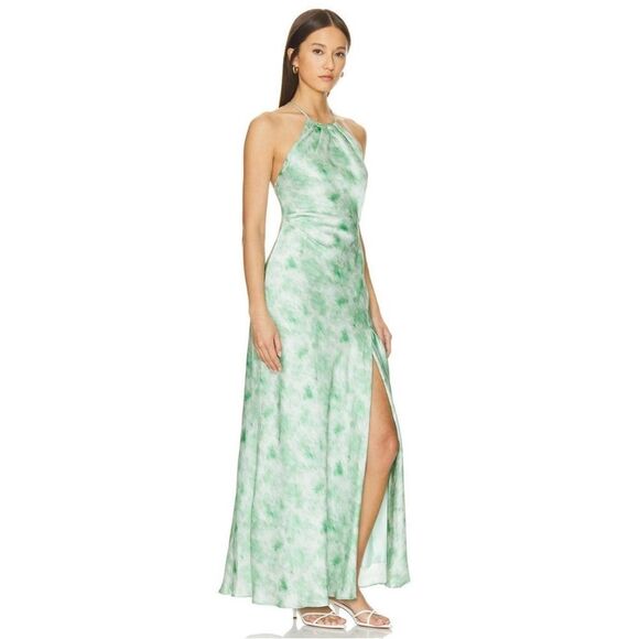 New ASTR Lace Up Satin Slip Midi Elynor Dress in Green Abstract - Picture 3 of 5